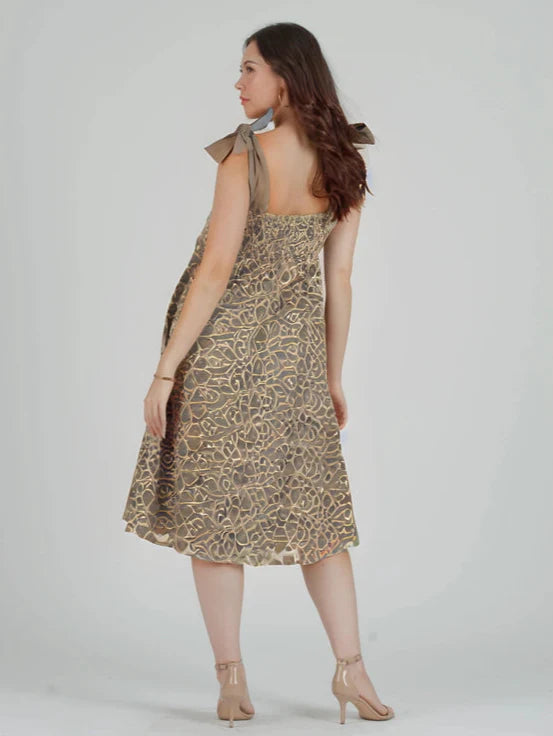 Women's Eyelet Lace Bow Strap Midi Dress