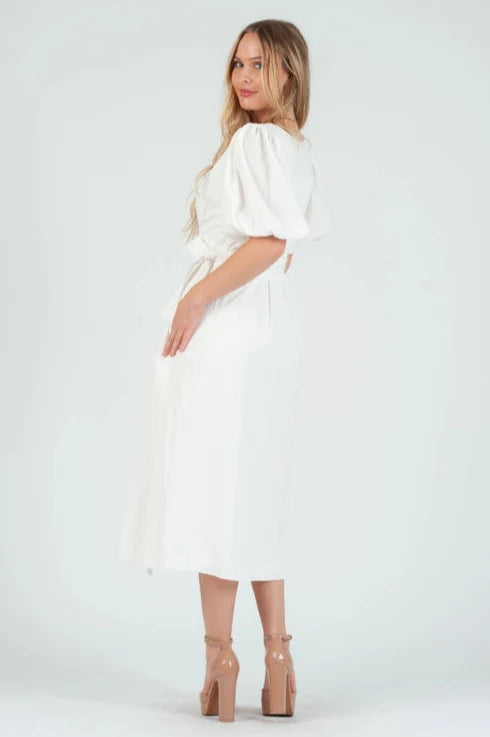 Women's White Linen Wrap Midi Dress