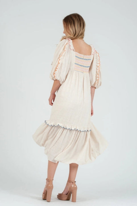 Women's Smocked Color Stitch Midi Dress