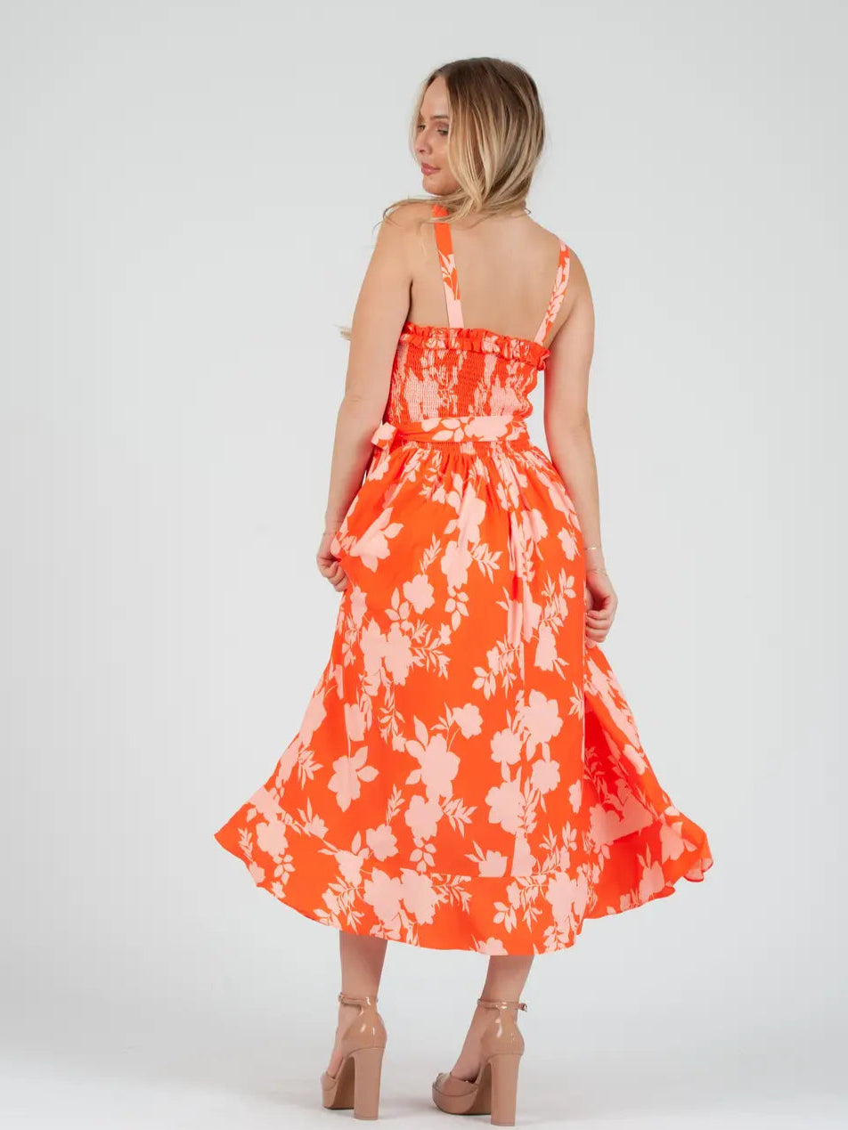 Women's Orange Floral Midi Smocked Dress