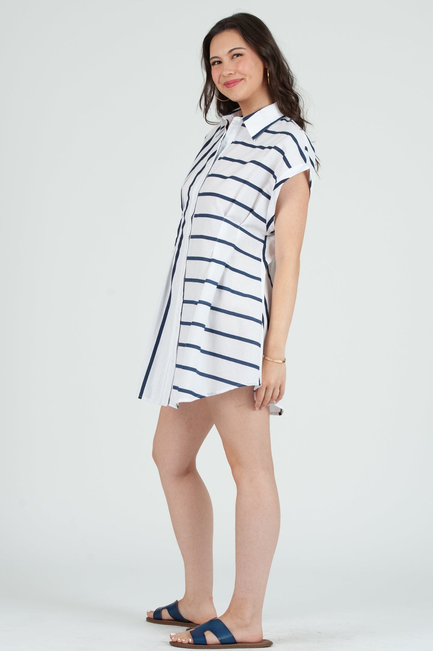 Women's Cotton Button Down Shirt Mini Dress in Stripes