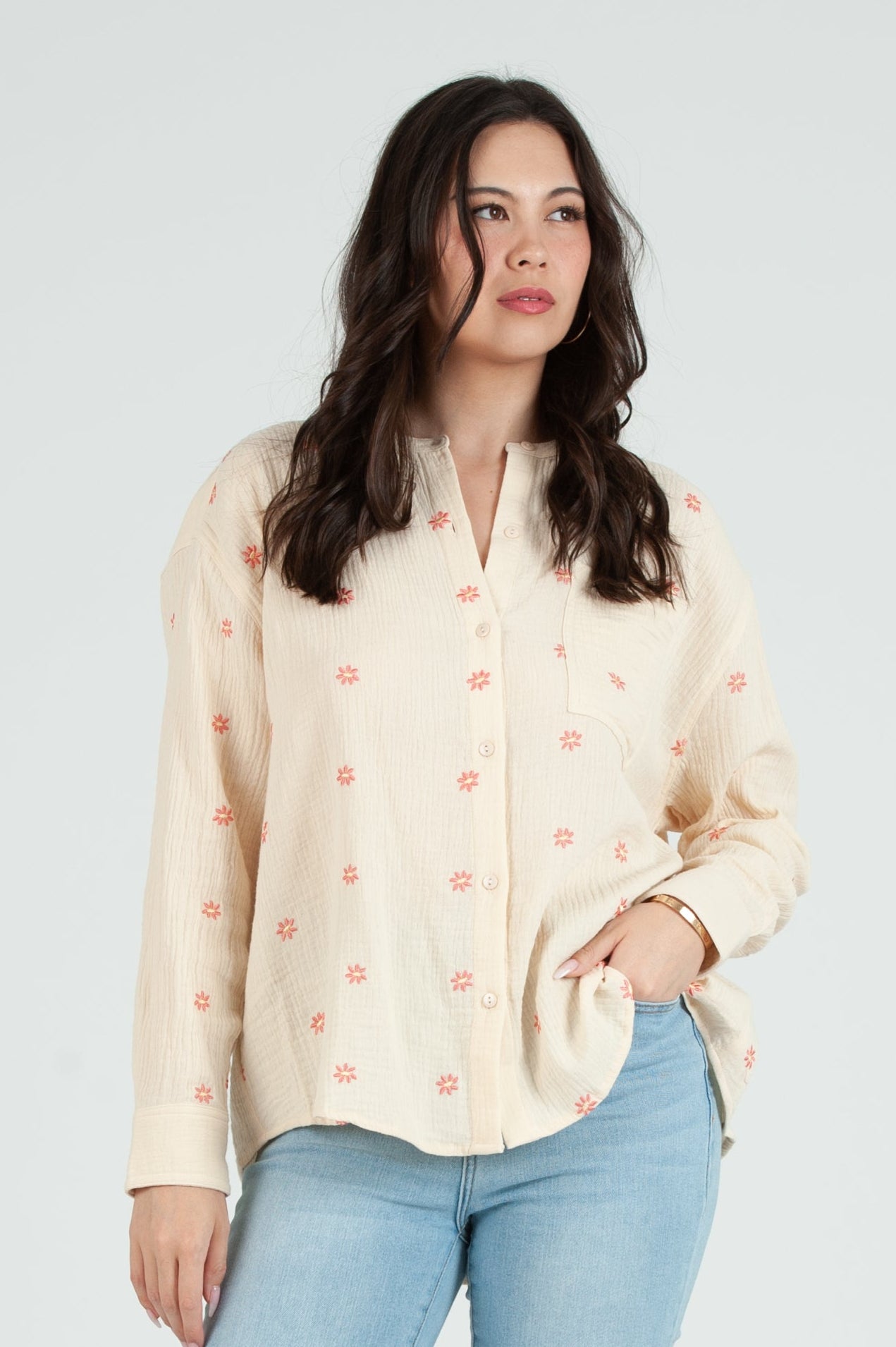Women's Gauze Button Down Shirt in Ditzy Floral