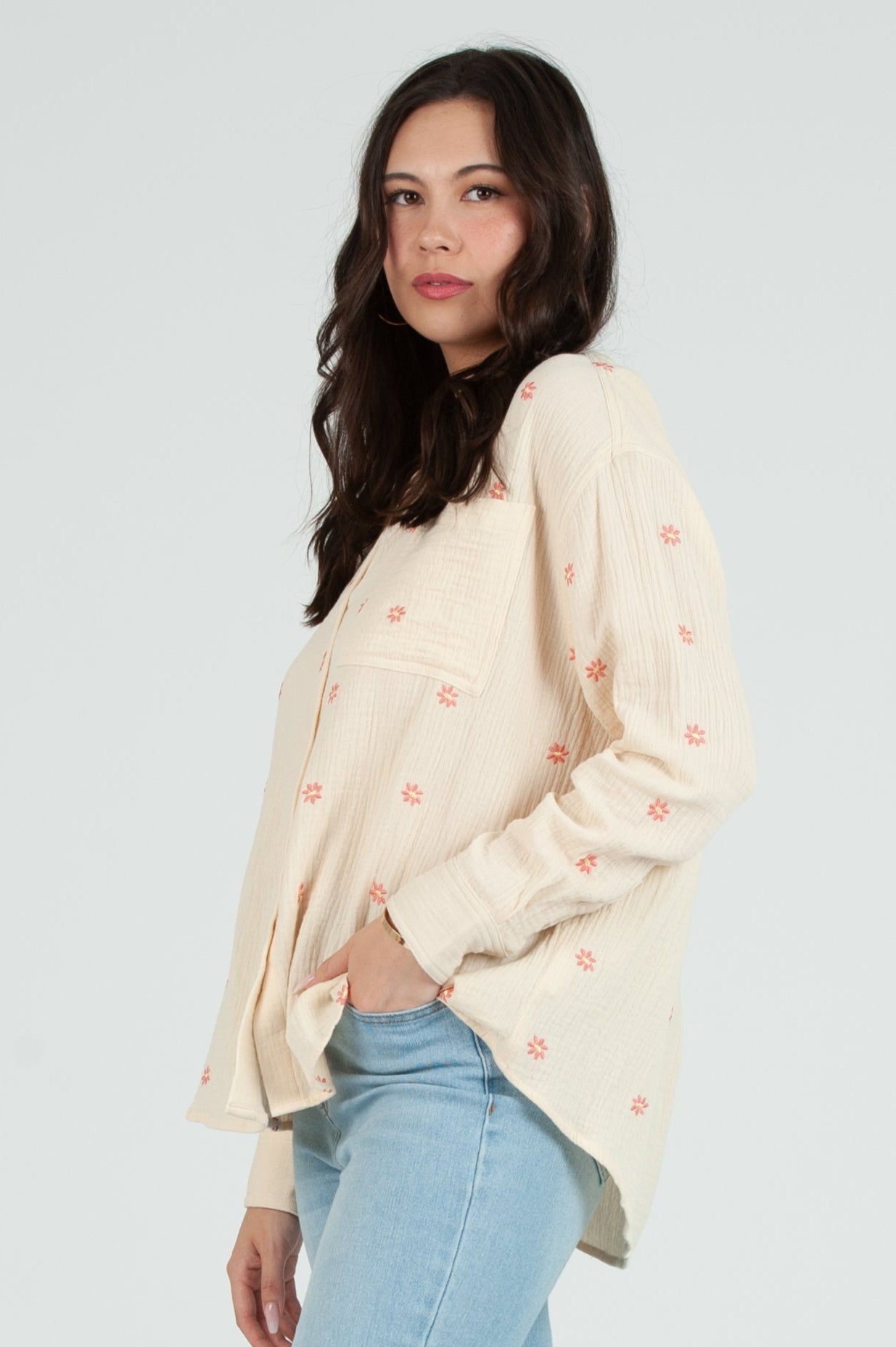 Women's Gauze Button Down Shirt in Ditzy Floral