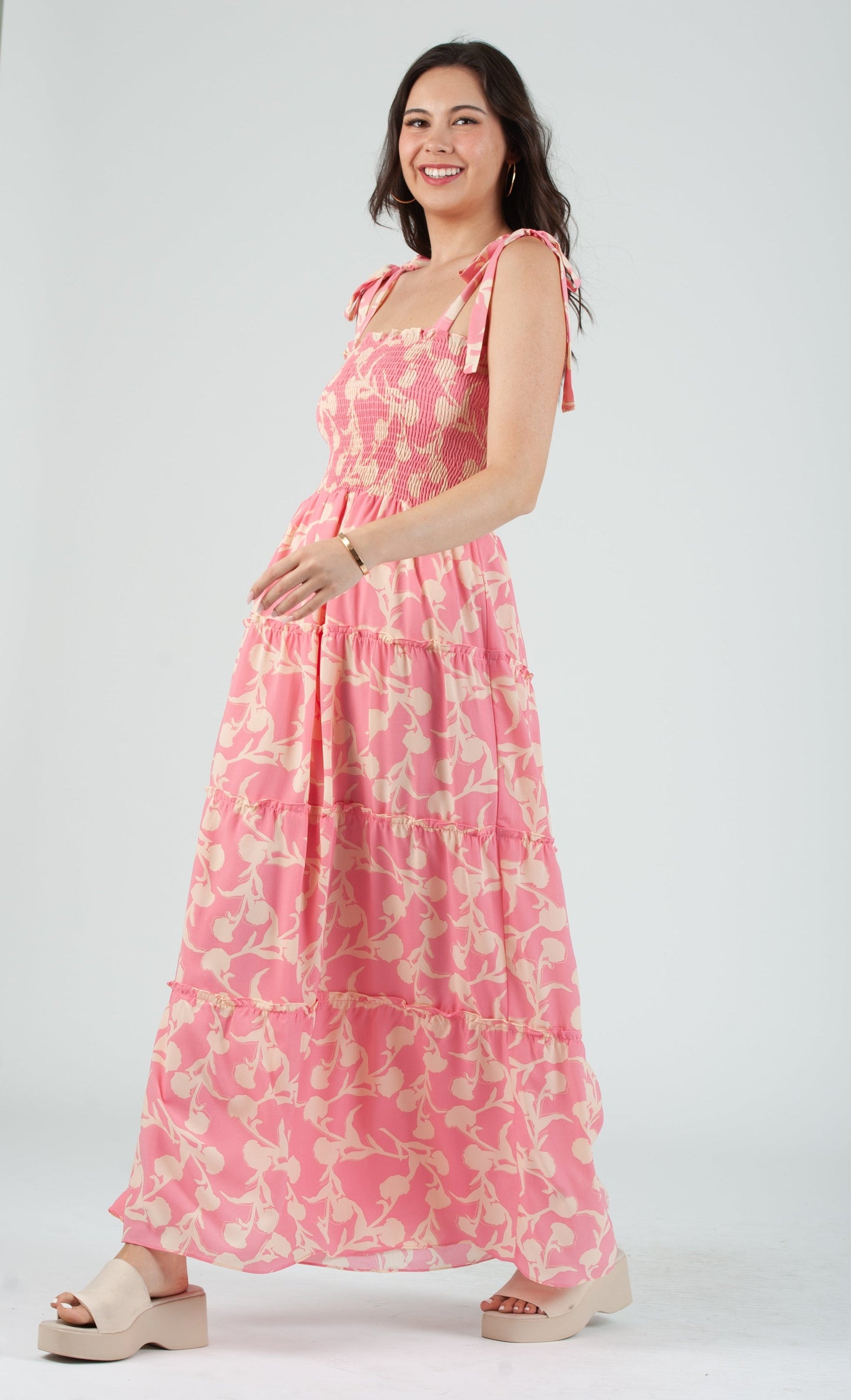 Women's Smocked Tiered Maxi Dress with Bow Tie Straps