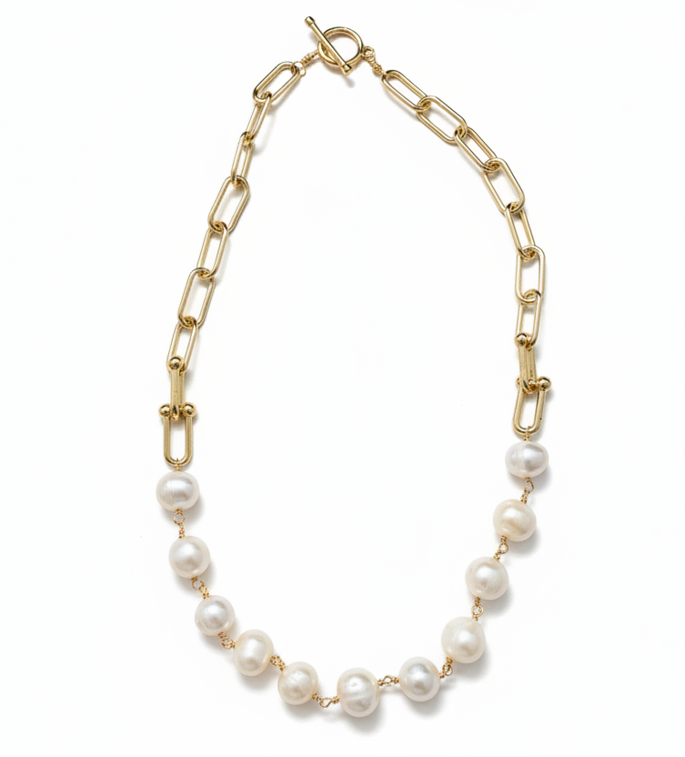Baroque Pearl & Hardware Chain Toggle Necklace