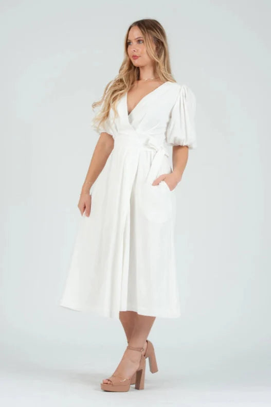 Women's White Linen Wrap Midi Dress