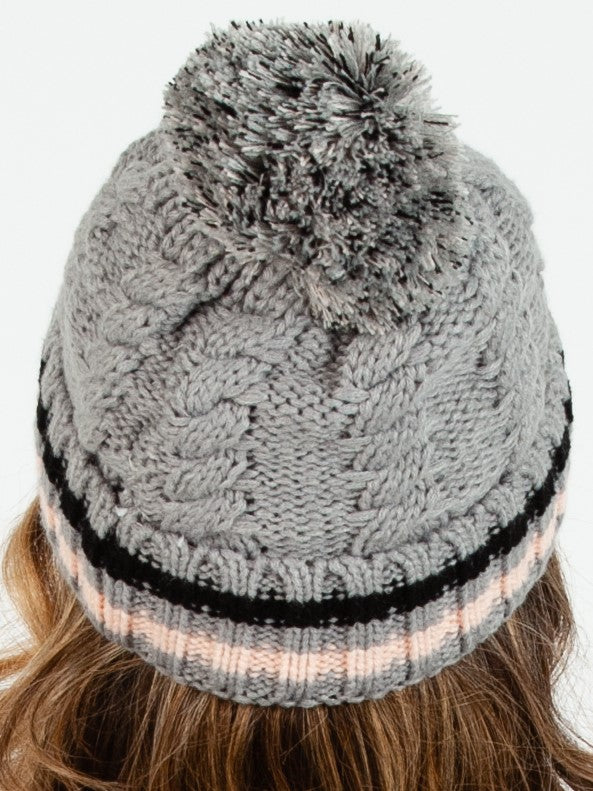 Women’s Fur Lined Varsity Striped Cable Knit Beanie with Poms