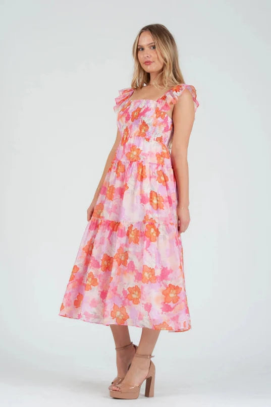 Women's Pink floral Print Smocked Midi Dress