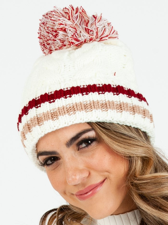 Women’s Fur Lined Varsity Striped Cable Knit Beanie with Poms