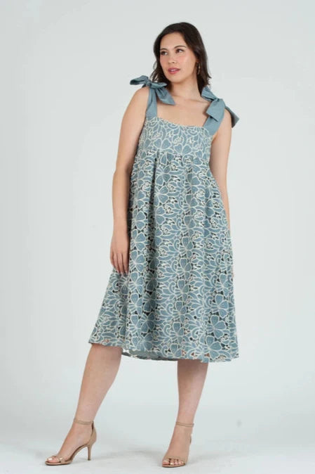 Women's Eyelet Lace Bow Strap Midi Dress