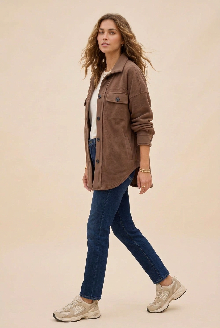 Women’s Fleece Shacket - Oversized Button-Front Shirt Jacket