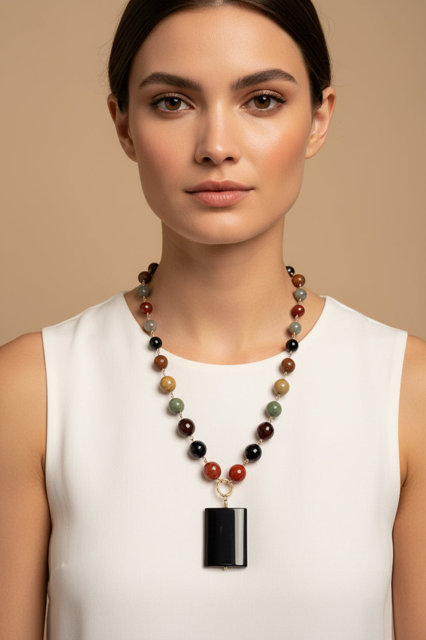 Women’s Multi  Beaded Gem+ Onyx Charm Necklace