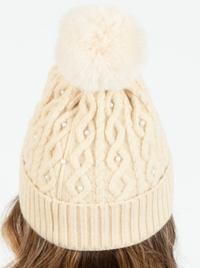 Women’s Knit Cable Beanie with Pearls