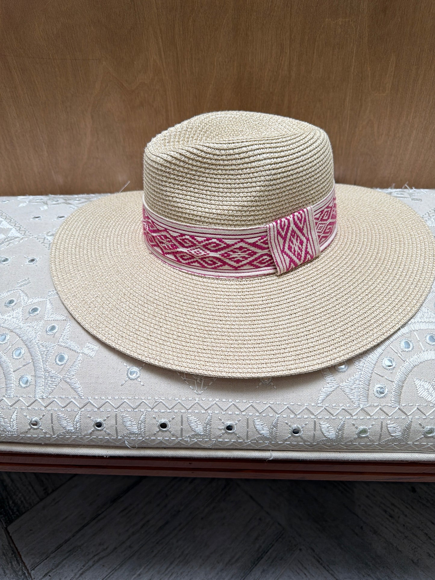 Women’s Custom Natural Raffia Sun Hat with Aztec Thread Ribbon