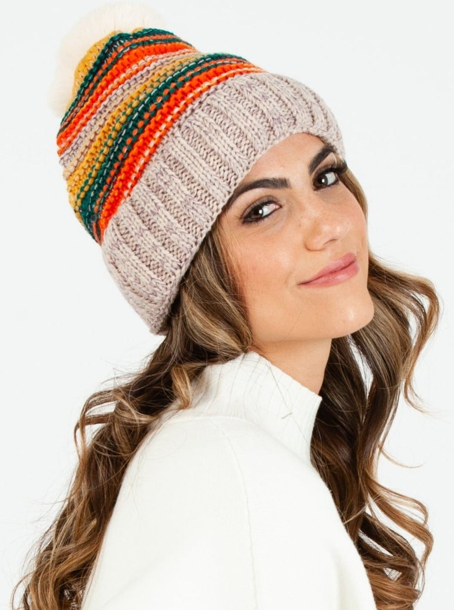 Women’s Fur Lined Striped Pom Beanie
