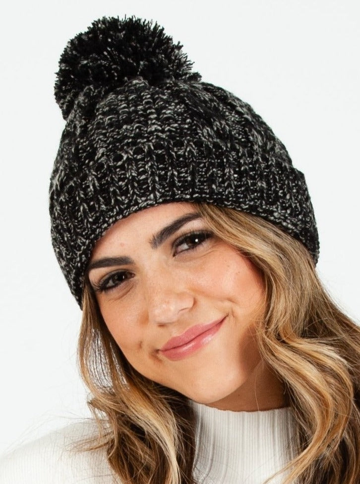 Women’s Marled Knit Cable Beanie with Poms