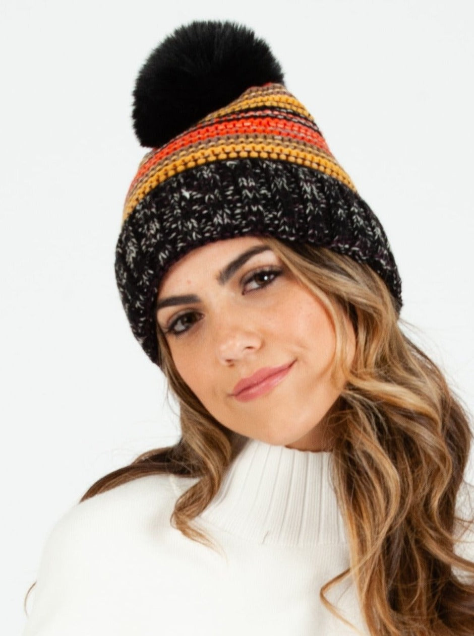 Women’s Fur Lined Striped Pom Beanie