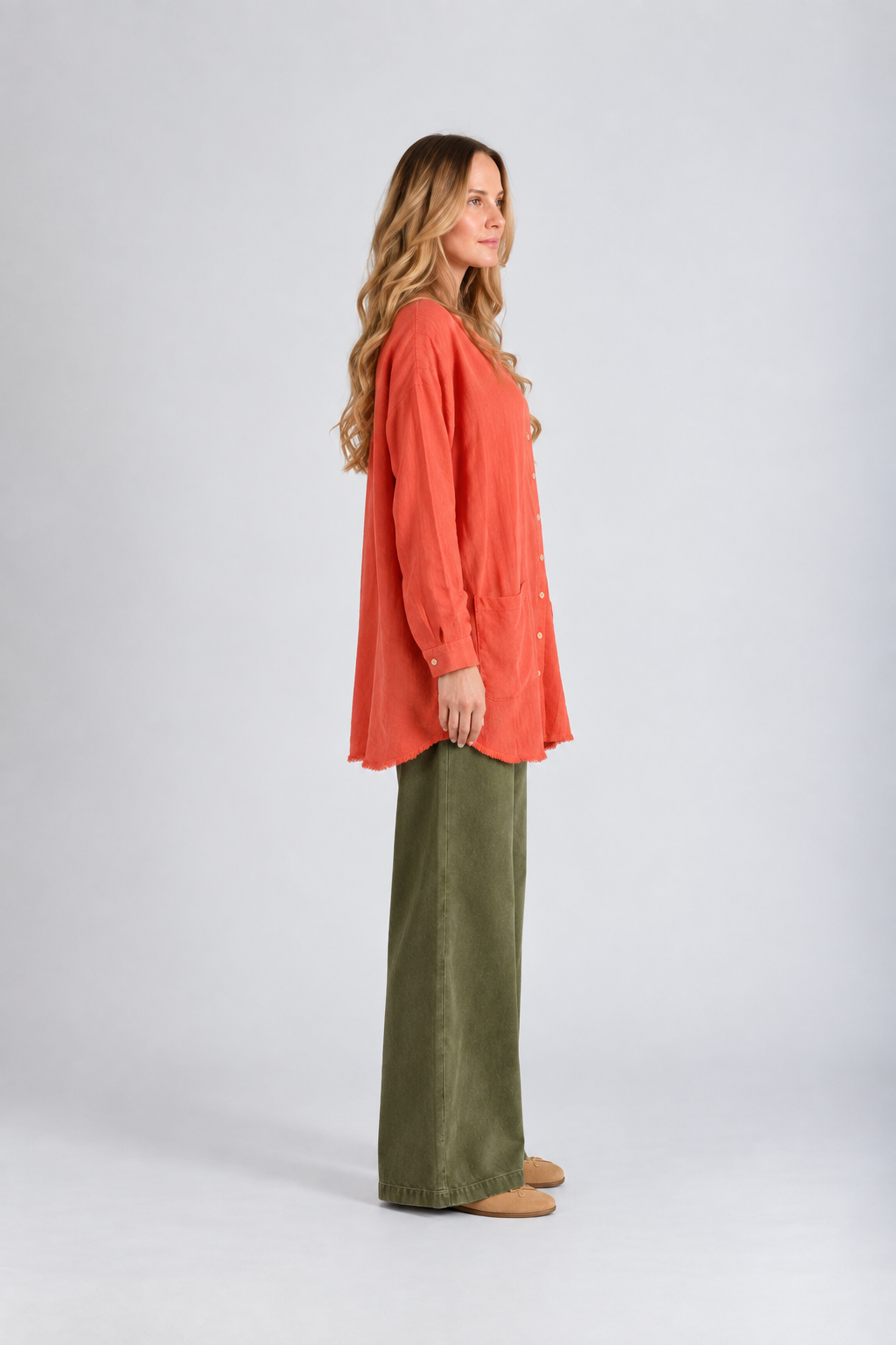 Women's Solid Double Gauze Button Down Tunic Top