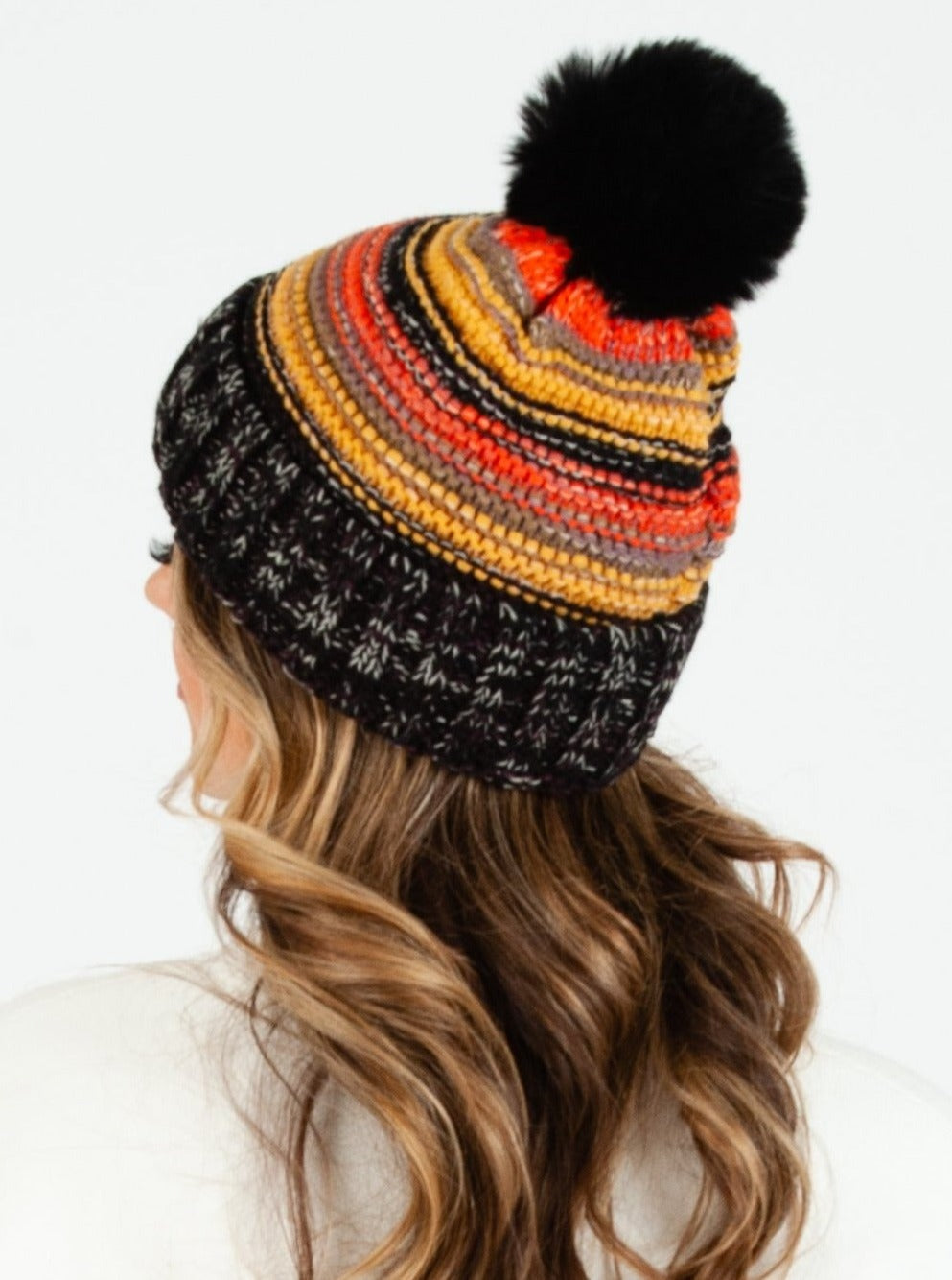 Women’s Fur Lined Striped Pom Beanie