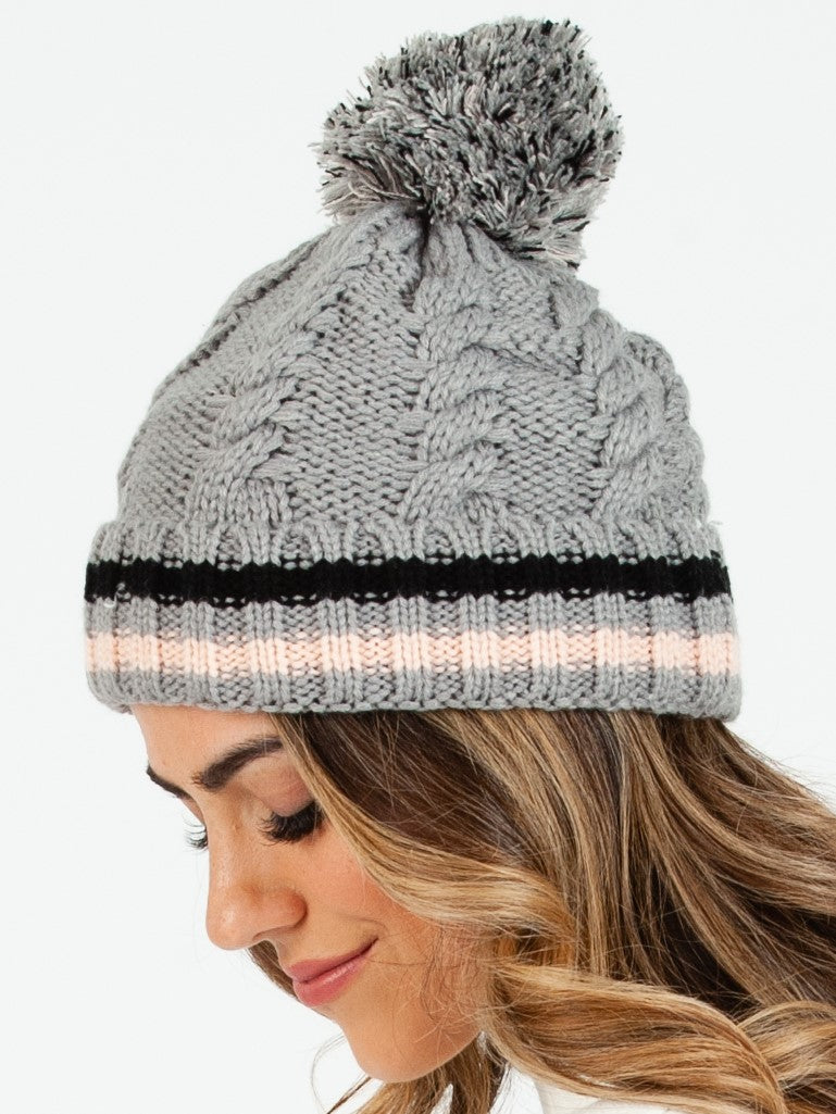 Women’s Fur Lined Varsity Striped Cable Knit Beanie with Poms