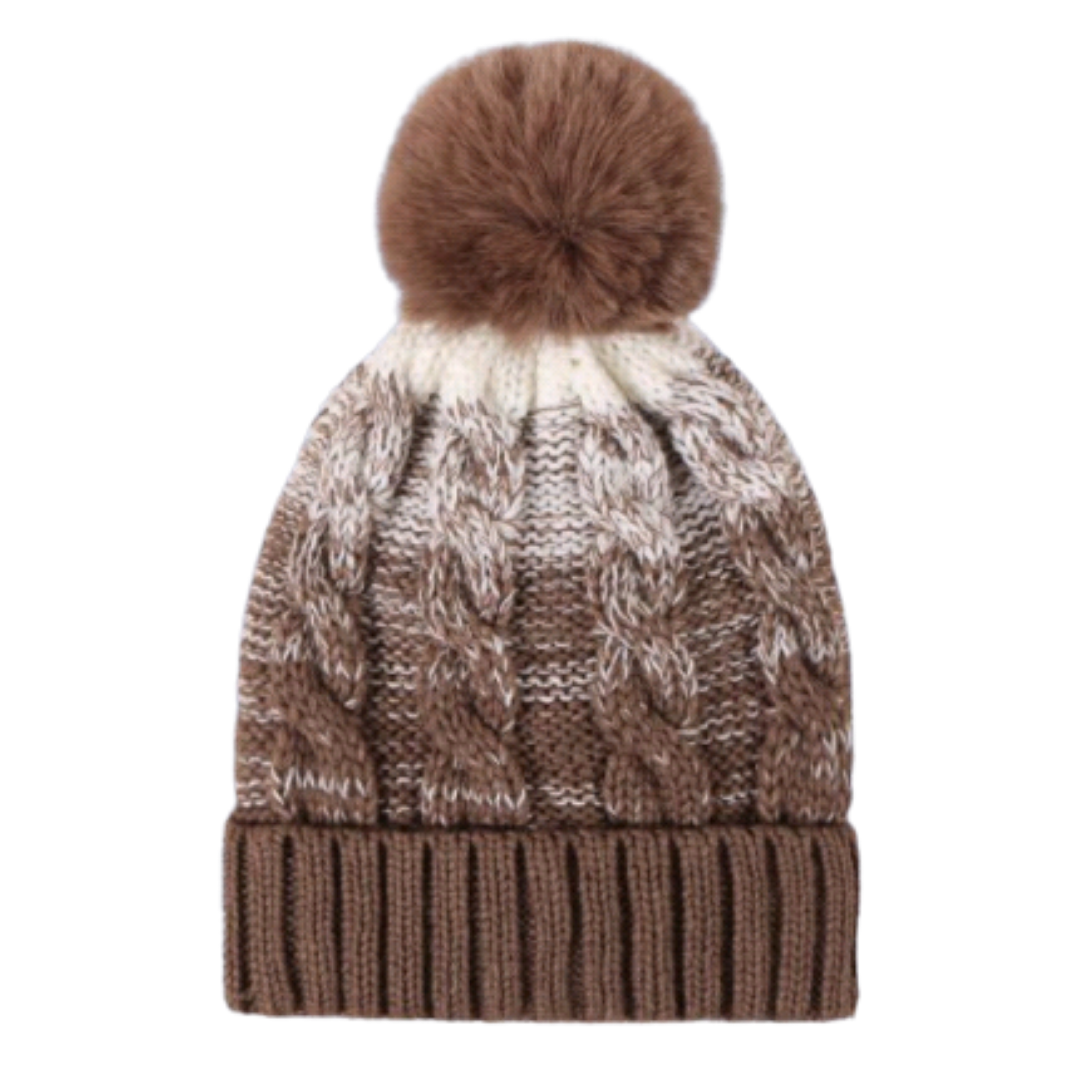 Women’s Fur Lined Ombre Cable Knit Beanie with Poms