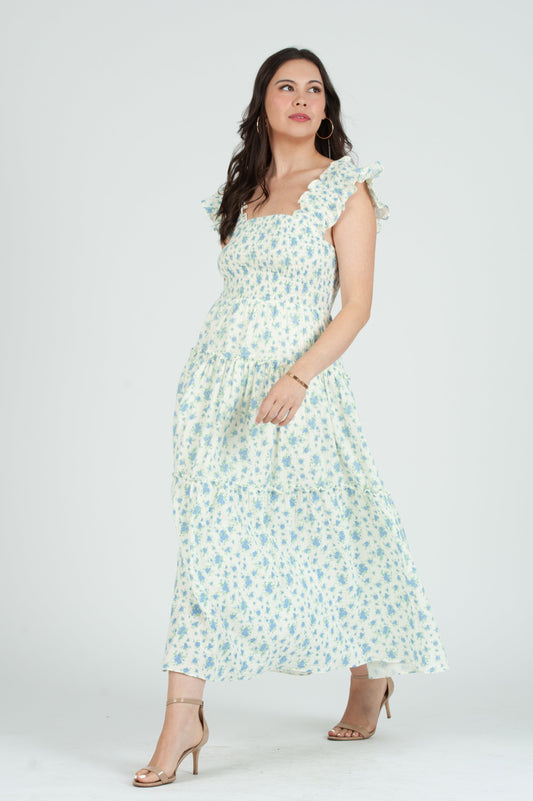 Women's Gauze Smocked Ruffle Strap Ditzy Floral Midi Dress