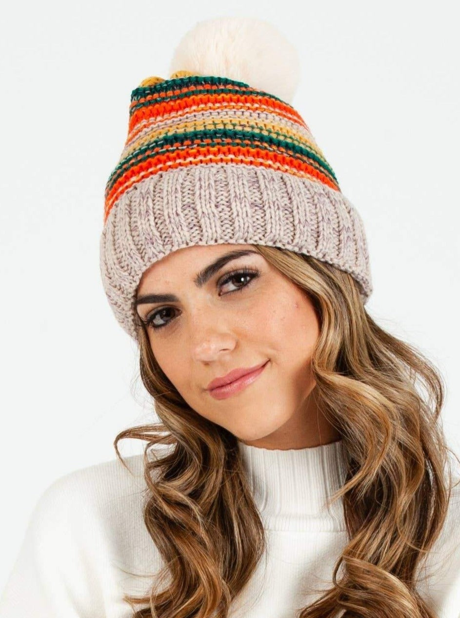 Women’s Fur Lined Striped Pom Beanie