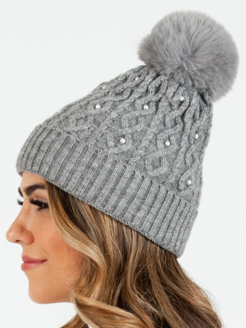 Women’s Knit Cable Beanie with Pearls