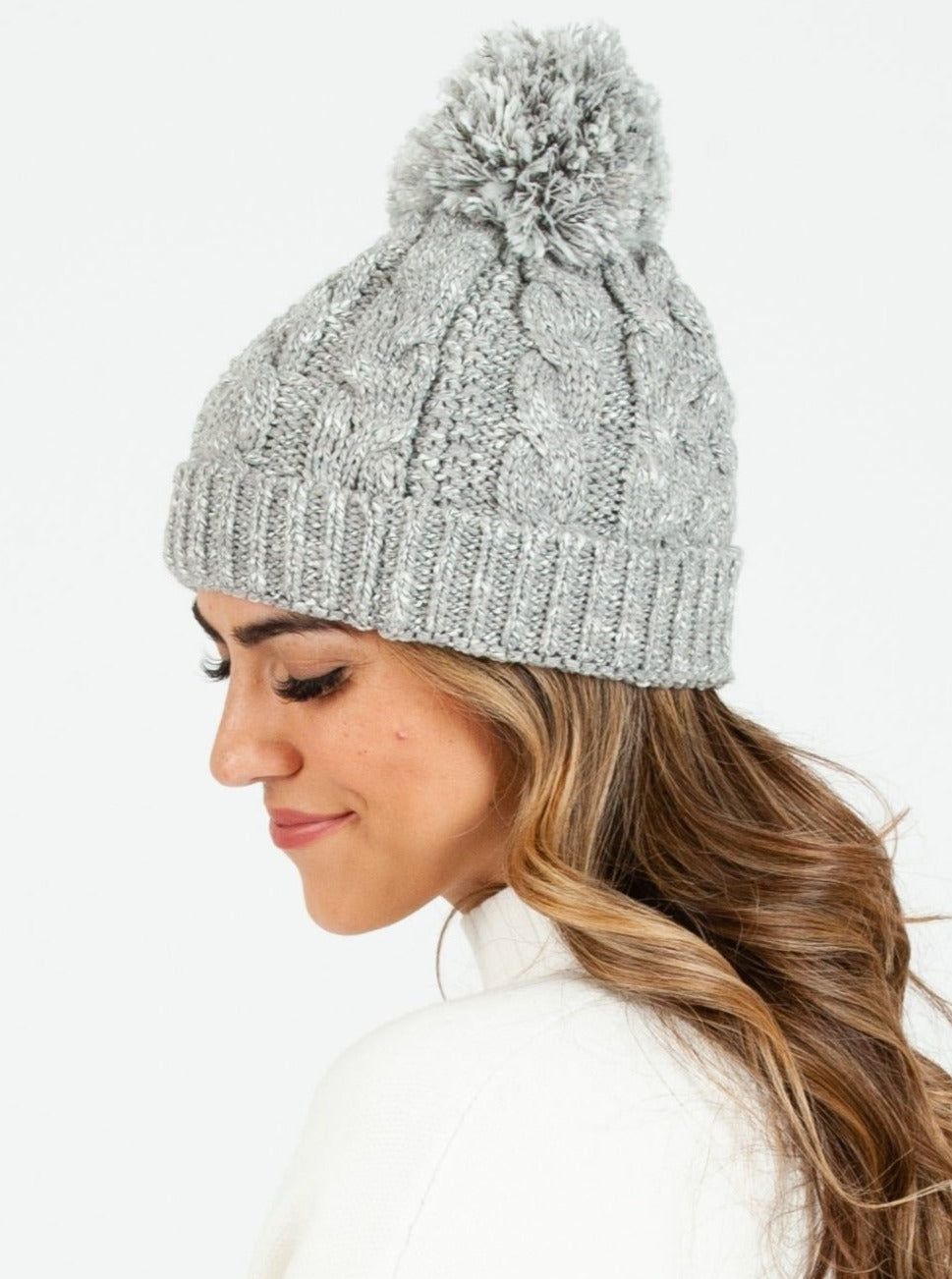 Women’s Marled Knit Cable Beanie with Poms