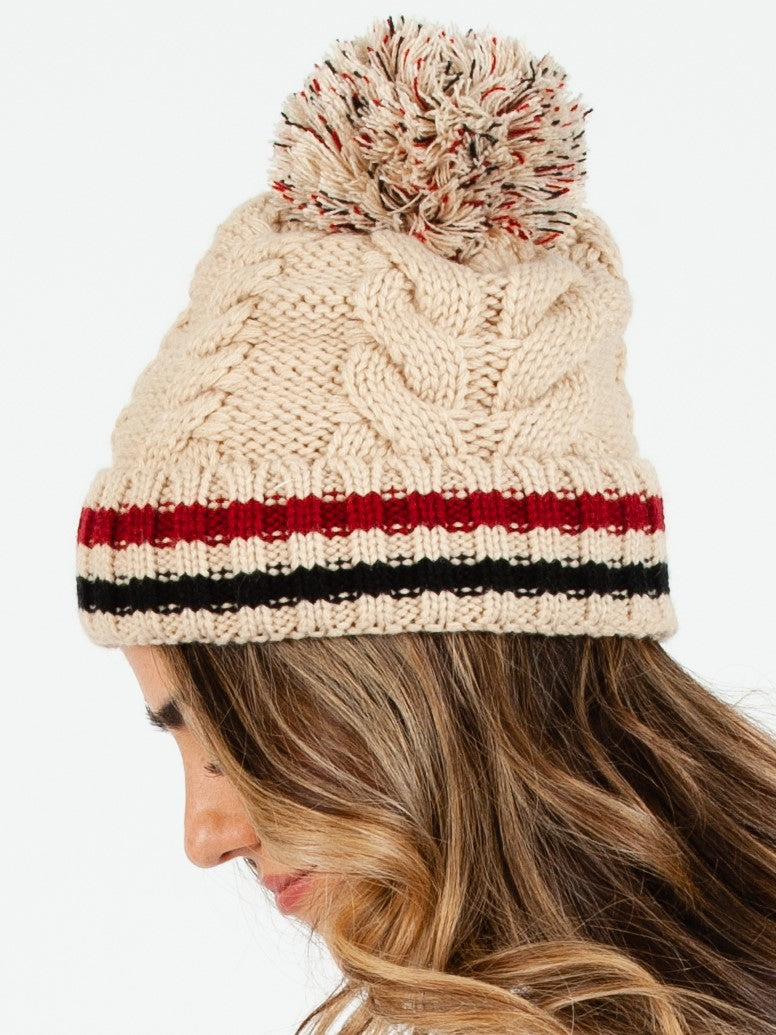Women’s Fur Lined Varsity Striped Cable Knit Beanie with Poms
