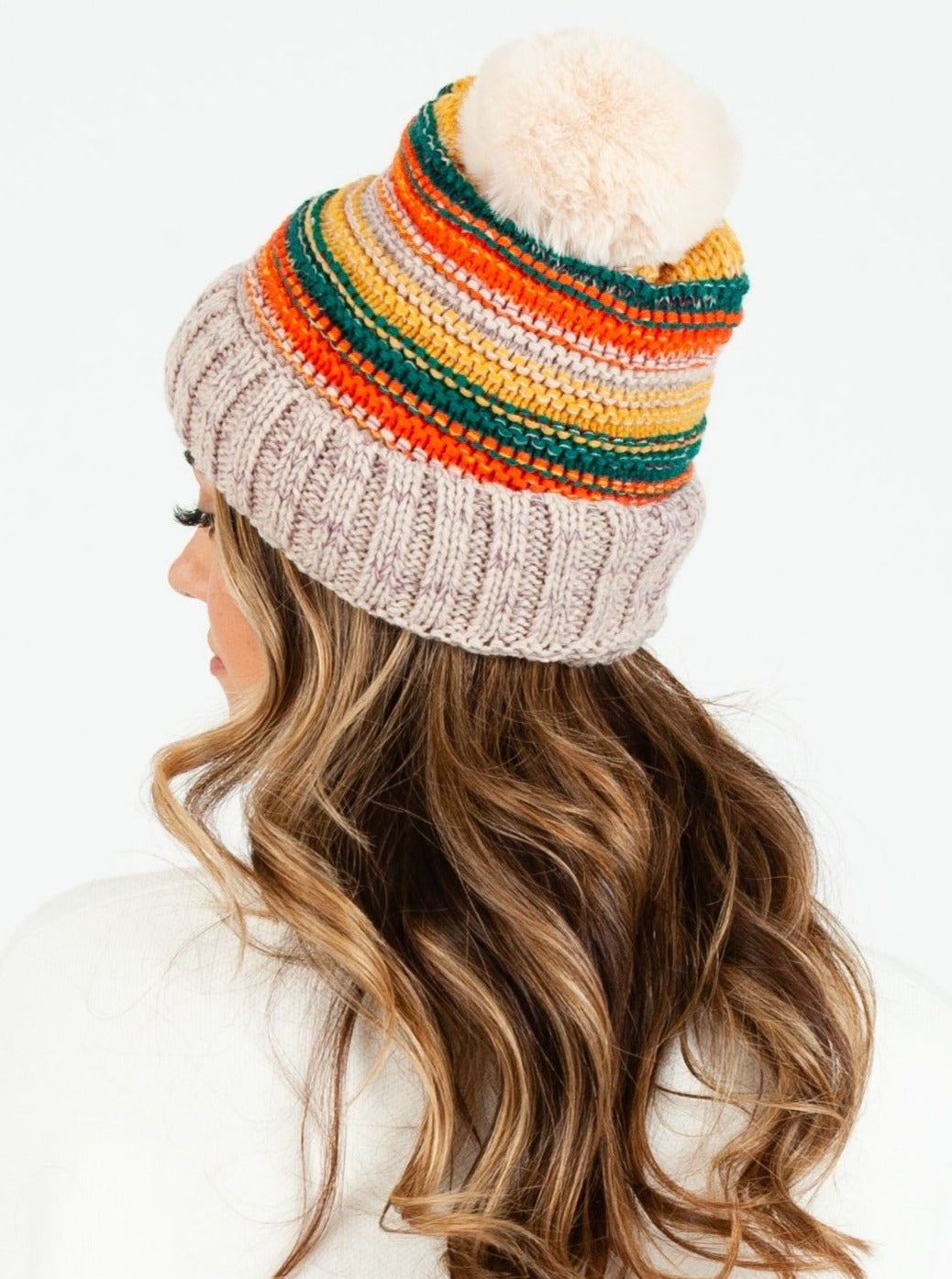 Women’s Fur Lined Striped Pom Beanie