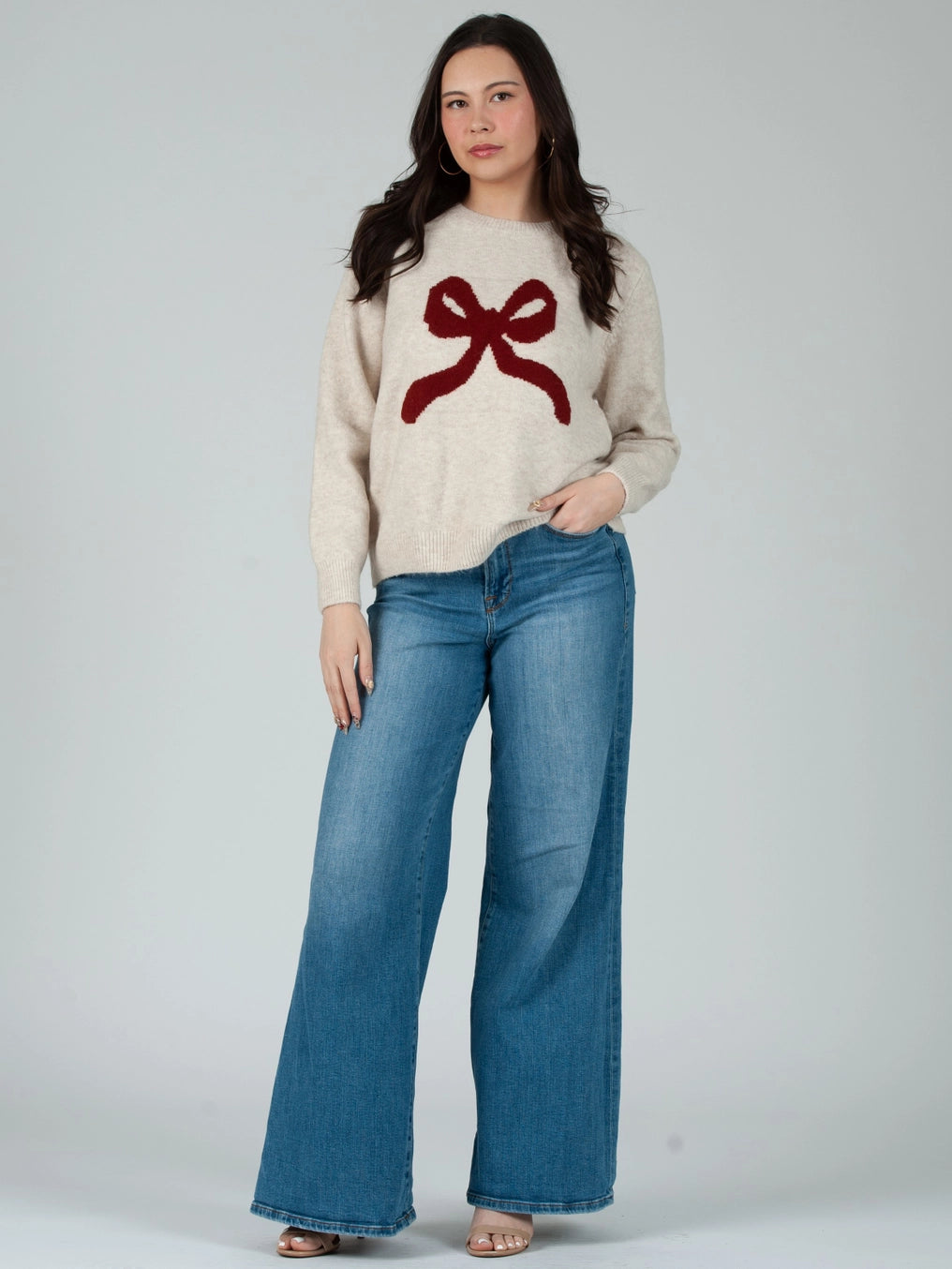 Fall crew neck sweater with knotted bow print