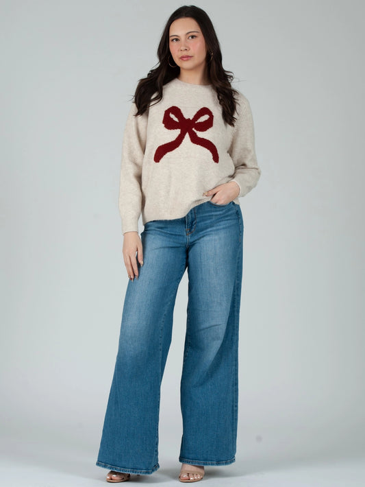 Fall crew neck sweater with knotted bow print