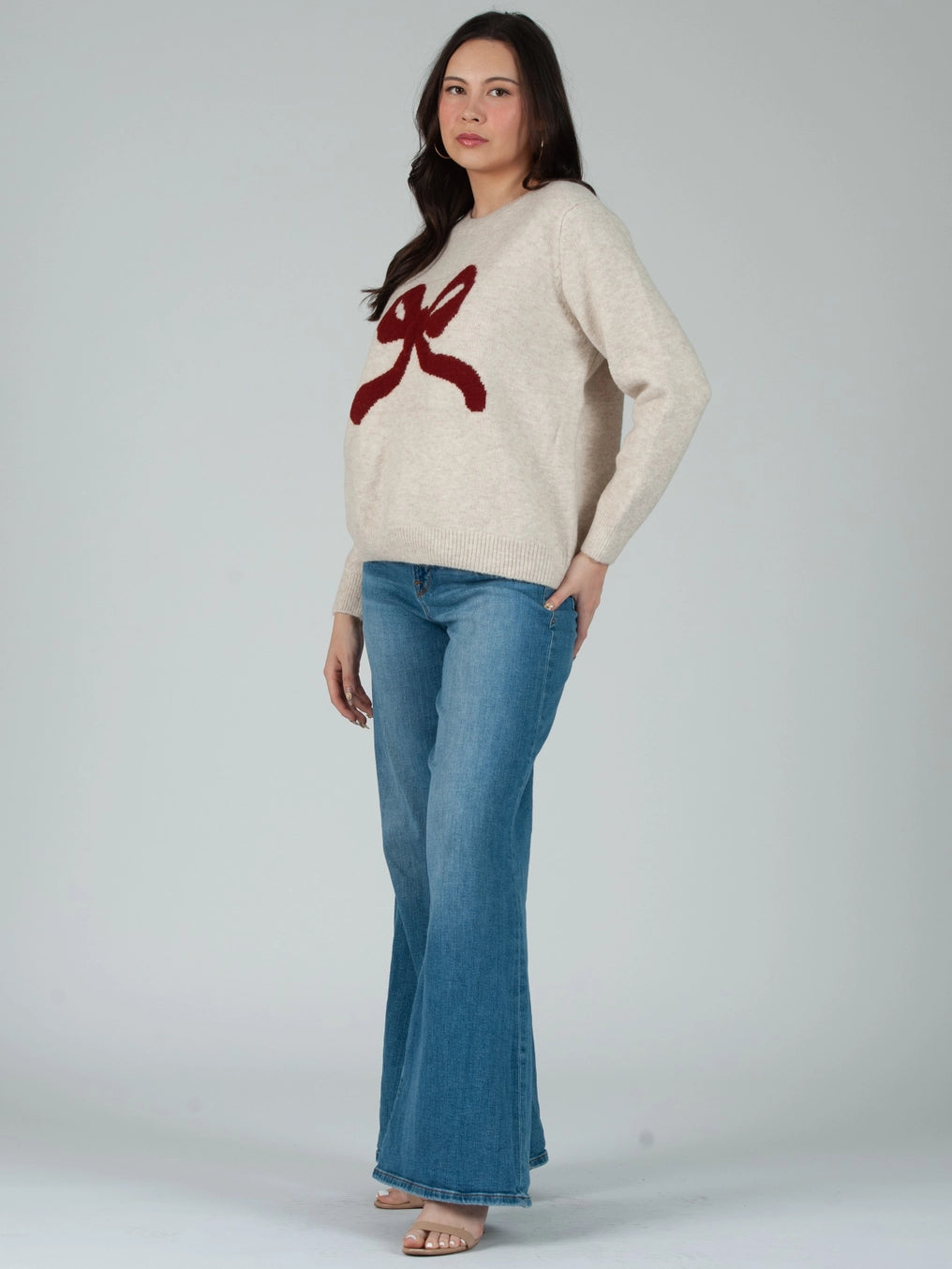 Fall crew neck sweater with knotted bow print