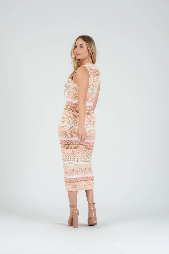Women's Crochet Knit Midi Dress in Neutral Tones