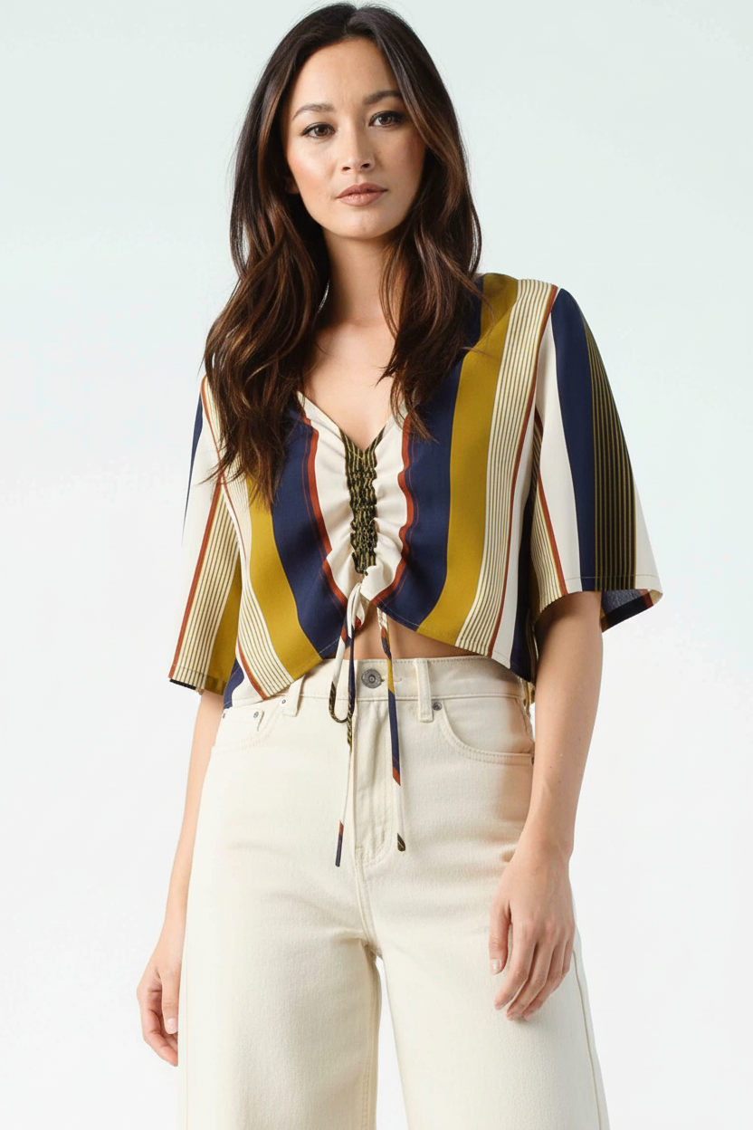 Women’s Striped Short Sleeve Ruched Front Blouse