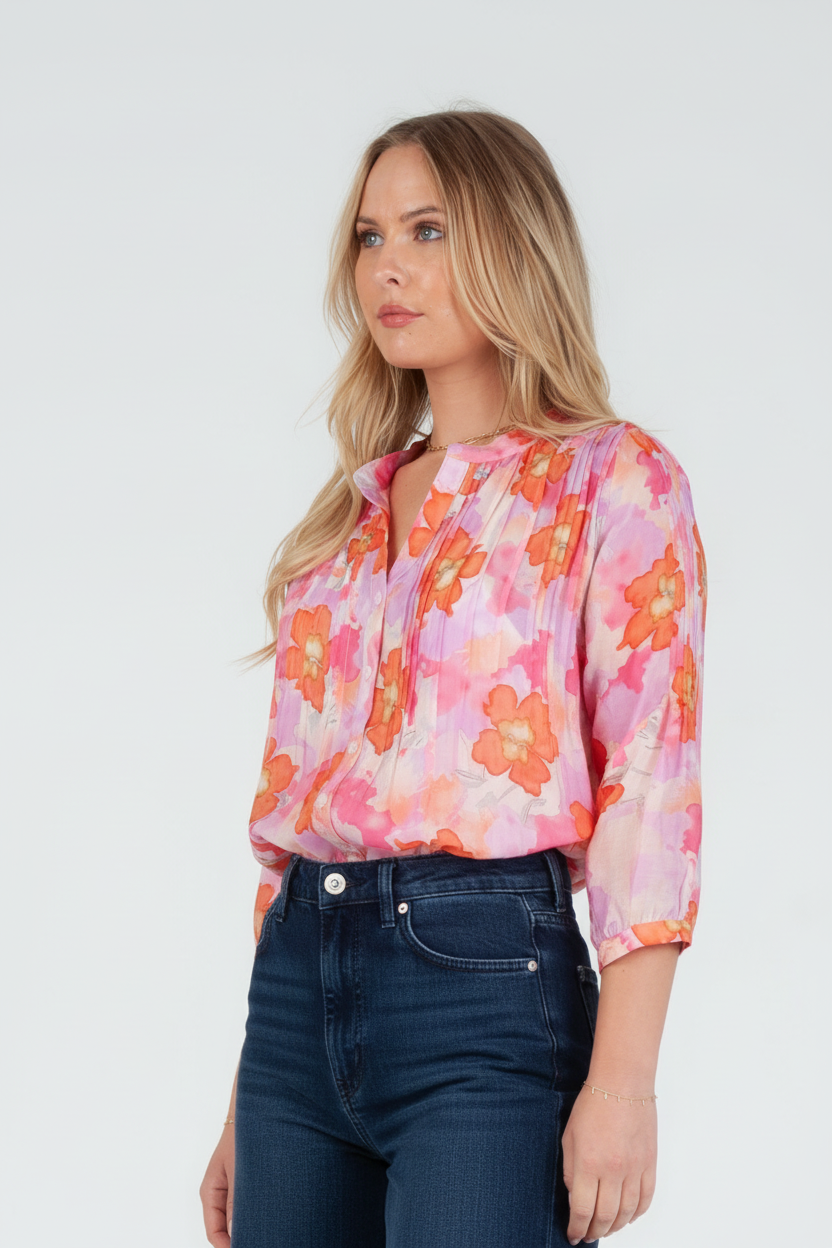 Women's Pink Floral Tencel pintuck blouse