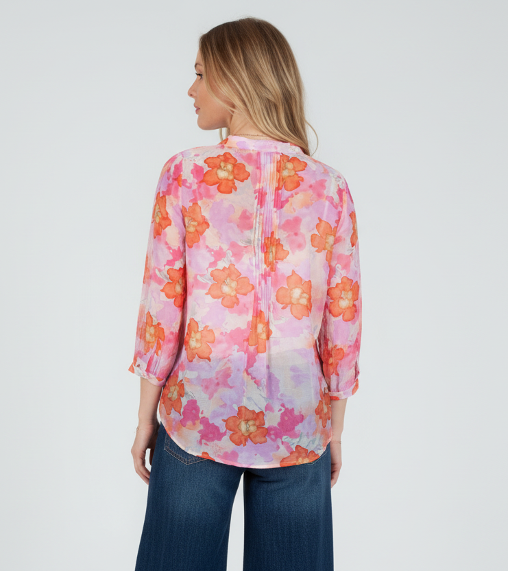 Women's Pink Floral Tencel pintuck blouse