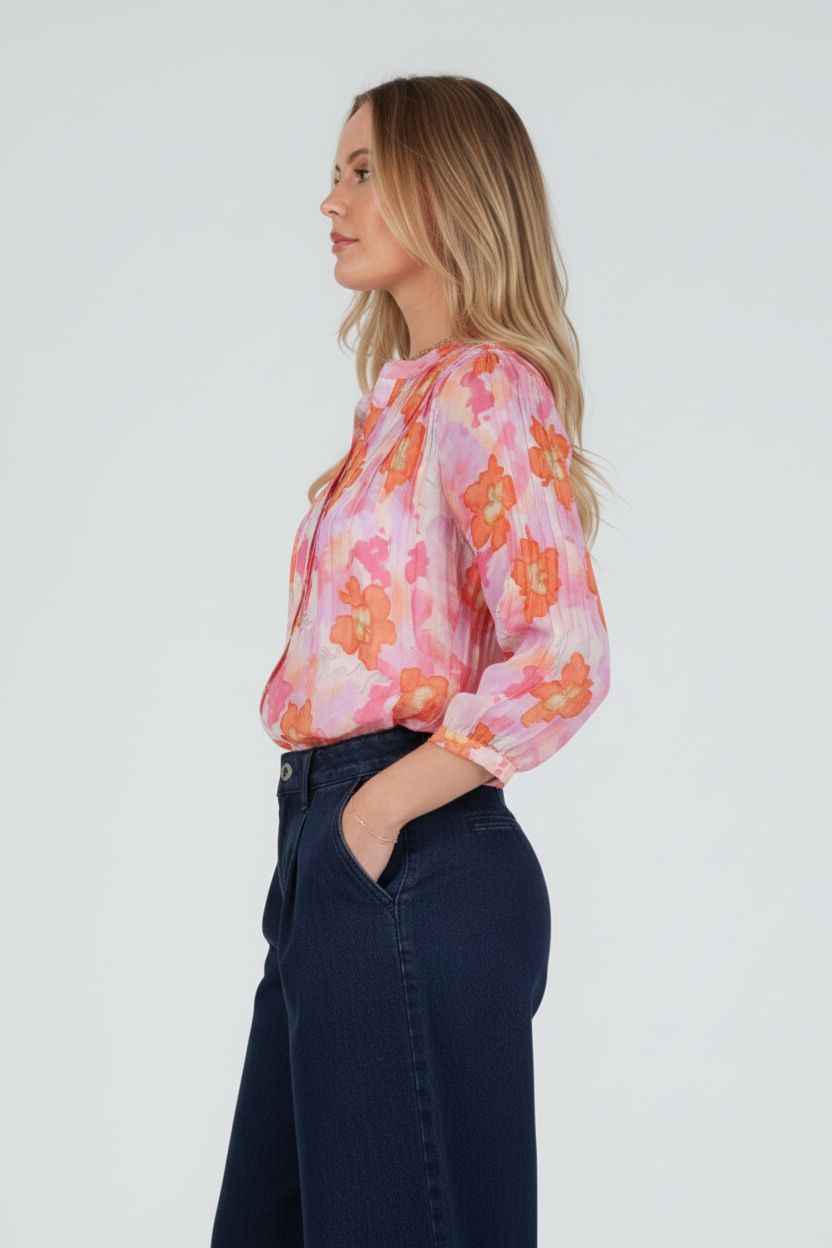 Women's Pink Floral Tencel pintuck blouse