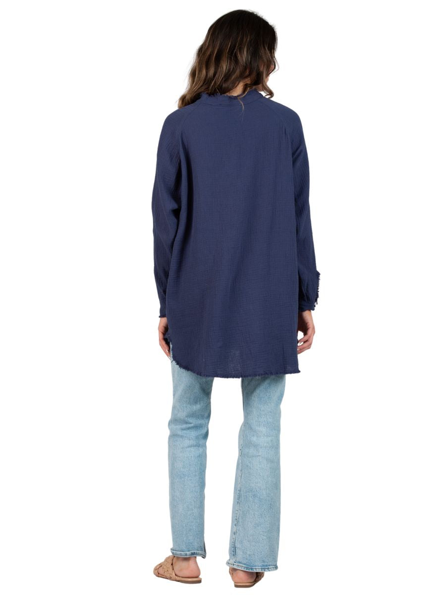 Women's Solid Double Gauze Button Down Tunic Top in Navy