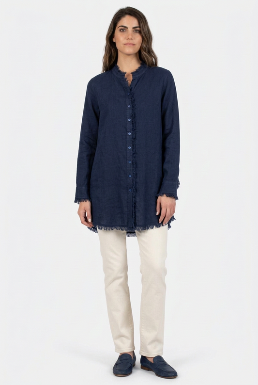 Women's Solid Double Gauze Button Down Tunic Top in Navy
