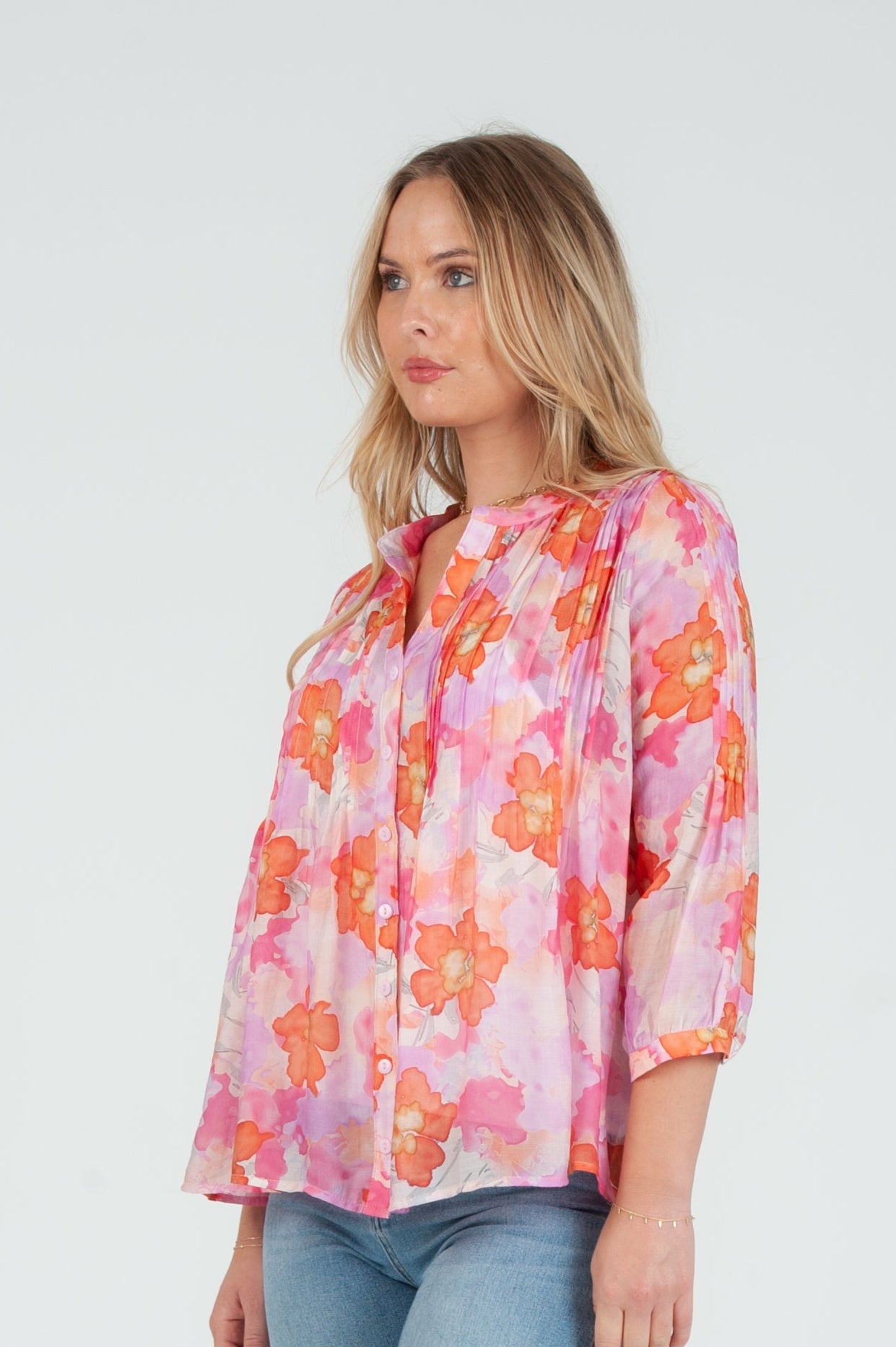 Women's Pink Floral Tencel pintuck blouse