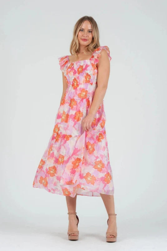 Women's Pink floral Print Smocked Midi Dress