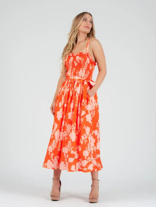 Women's Orange Floral Midi Smocked Dress