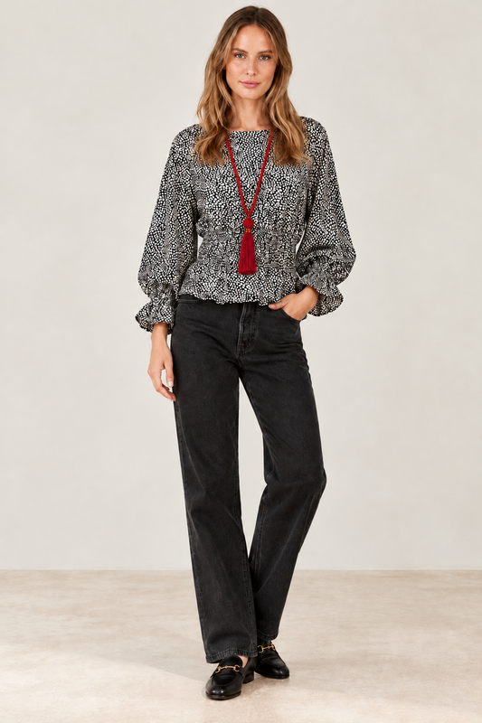 Women's Abstract Doe Print Long Sleeve Peplum Blouse