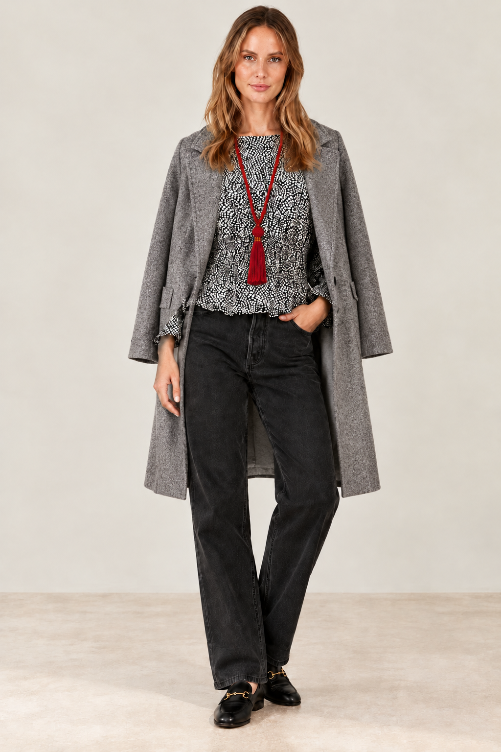 Women's Abstract Doe Print Long Sleeve Peplum Blouse